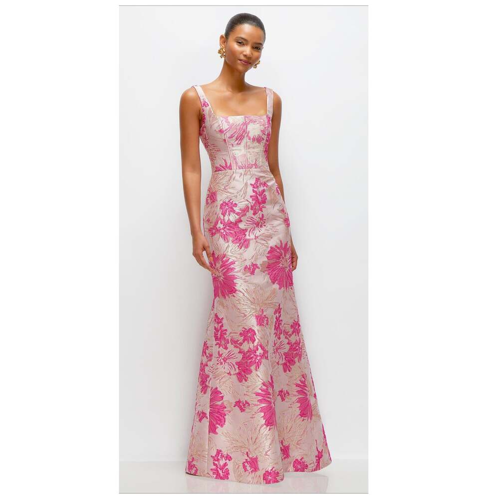 new Dessy Collection Hibiscus Floral Jacquard Square Neck Trumpet Gown Size 2